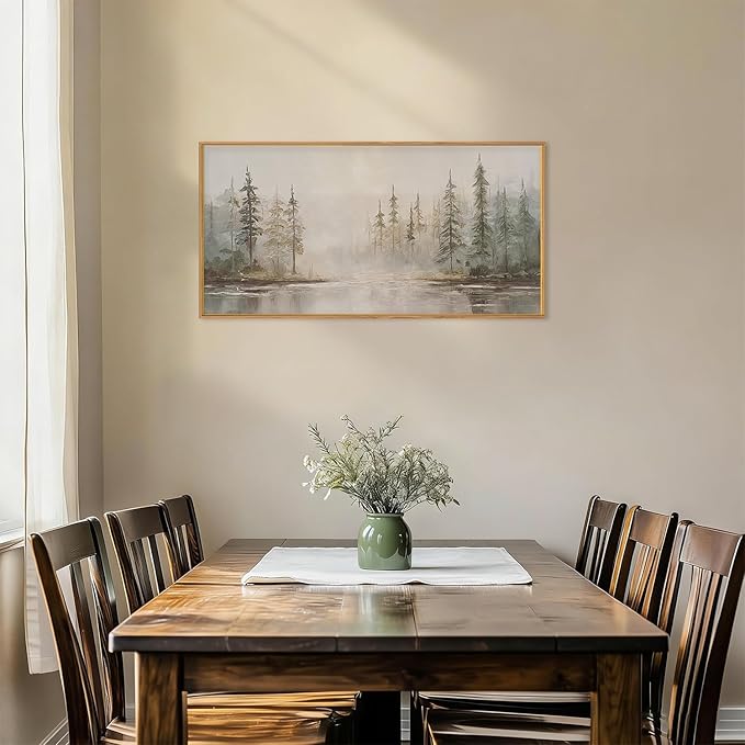 HPNIUB Modern Misty Pine Tree Framed Wall Art Set,Neutral Abstract Landscape Wall Decor,Nature Foggy Forest Art Print, Beige Rustic Farmhouse Artwork for Living Room, Bedroom,Office- 20"x40"