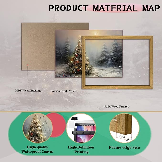 Vintage Christmas Wall Art, Vintage Pine Tree Canvas Wall Decor Painting, Rustic Winter Tree Print, Botanical Winter Art, for Table Farmhouse Mantel Home Office 12x16 Inch Wood Framed