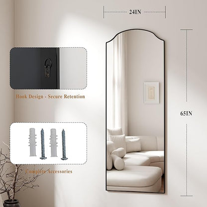BEAUTYPEAK Full Length Mirror, Full Body Mirrors with Unique Arched Design, 65"x24" Floor Mirror with Aluminum Alloy Frame, Standing Hanging or Leaning for Bedroom and Living Room, Black