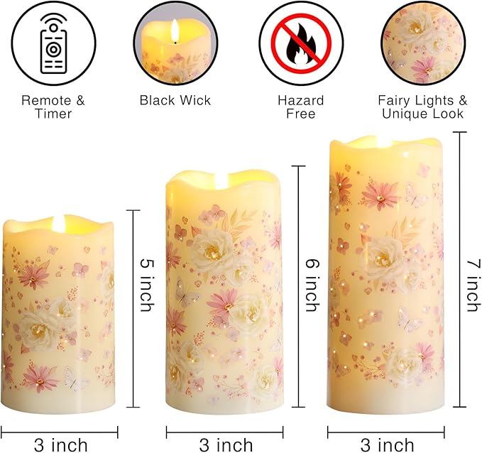 Eywamage Fiber Optic Flameless Pillar Candles with Remote, Floral Butterfly Spring LED Candles Flickering Home Decor Gift Set of 3