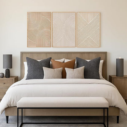 Zessonic Neutral Minimalist Textured 3D Wall Art Abstract Hand-Painted Framed Wall Decor Geometric Artwork Canvas Paintings- Living Room Bedroom Office - Modern Boho Neutral Line 16"x24" 3 piece