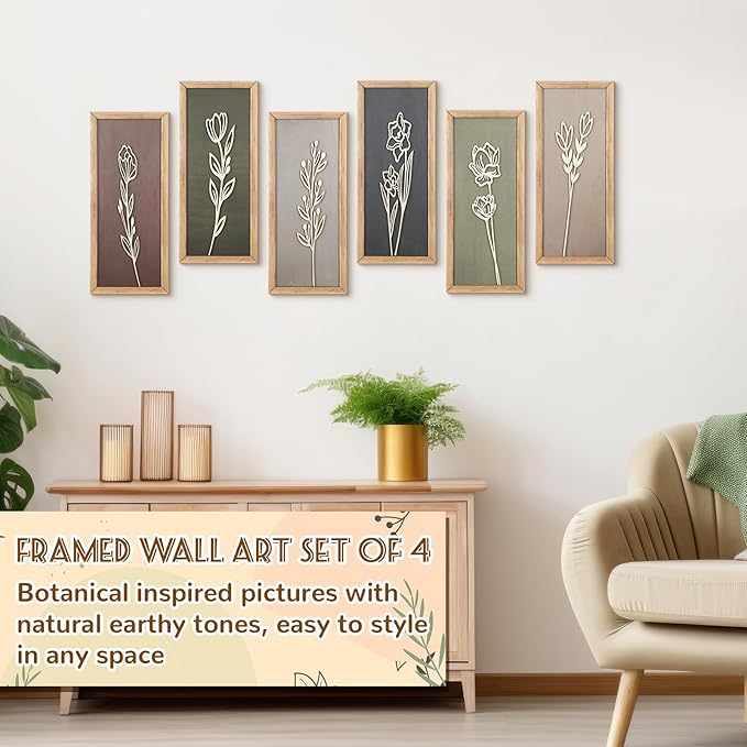 Wesiti 6 Pcs Boho Wall Art Wooden Floral Wall Decor Minimalist Botanical Print Art Decor for Rustic Vintage Farmhouse Home Living Room Bedroom Bathroom Kitchen Decoration, 15.75 x 6.69 Inch(Morandi)