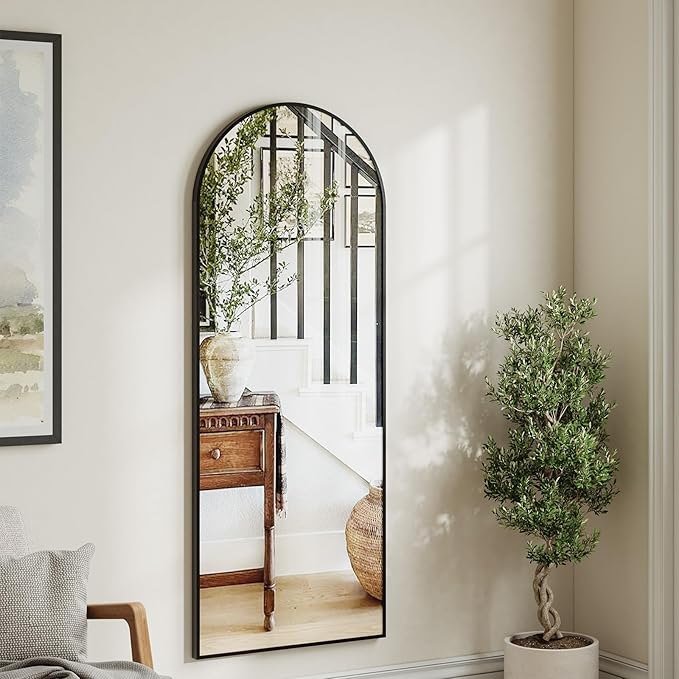 57"x21" Arched Full Length Mirror, Brushed Black Aluminum Frame Floor Mirror with Stand, HD Shatterproof Glass & Rust-Proof Body Mirror for Bedroom, Living Room, Bathroom, Entryway