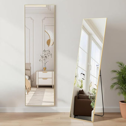 NEWBULIG Mirror Full Length, 56"x15" Body Wall Mirrors with Shatter-Proof Glass, Upgraded Floor Standing Mirror, Hanging or Leaning, with Stand Aluminum Alloy Frame for Home Decor, Bedroom, Gold