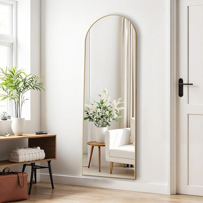 Arched Mirror Full Length, Upgraded 16"x59" Body Wall Mirrors with Shatter-Proof Glass, Floor Standing, Hanging or Leaning, Tall Arch Mirror with Stand Aluminum Alloy Frame for Bedroom, Gold
