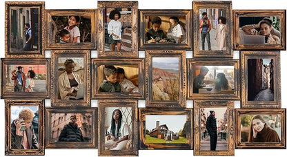 J.M.Deco Collage Picture Frames for Wall Decor, 18-Opening Reunion Family Friends Picture Frame Set, 4 x 6 Photo Frames for Living Room, Gallery Puzzle Collage Wall Hanging, Vintage Gold