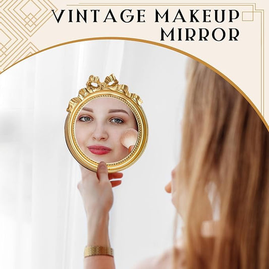 Threehoney 2 Pack Portable Small Vintage Gold Bow Mirror 6" Round Vintage Makeup Desk Mirror for Bedroom, Bathroom, Table Decoration
