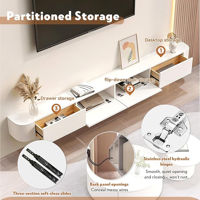 110.2" Floating TV Stand Fully Assembled, Wall Mounted Entertainment Center Media Console Cabinet with Curved Edge, Floating TV Console Table with Storage Drawers & Door, for Living Room TVs