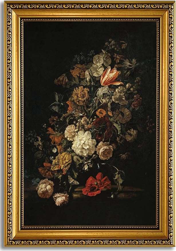 YD&YZY Gold Framed Vintage Wall Art Canvas Moody Flower Wall Decor Still Life Retro Dark Floral Aesthetic Art Painting Picture Print Artwork for Living Room Bedroom Home Decor 16x24 inch Framed