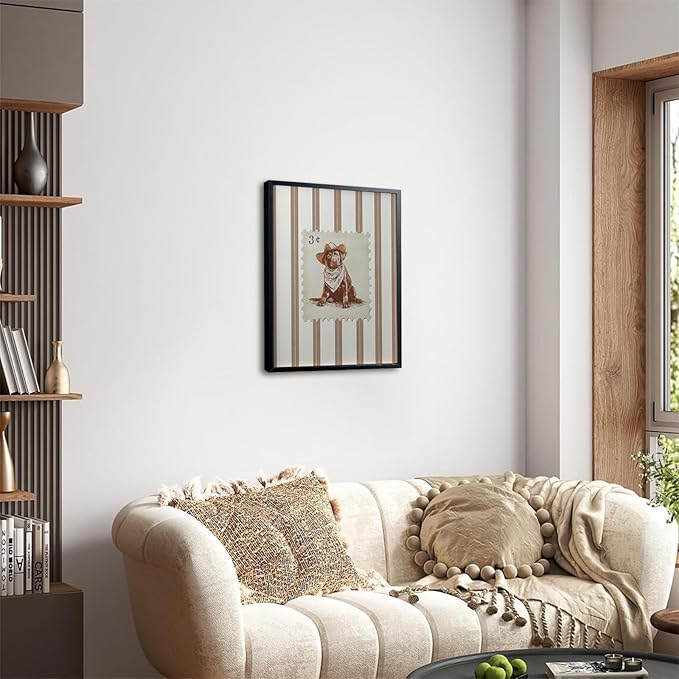 Vintage Cowboy Dog Wall Art, Western Puppy Stamp Canvas Print, Farm Rustic Country Animal Wall Decor, Southwestern Poster Oil Painting for Living Room Bedroom Nursery Office 16x24 Inch Framed