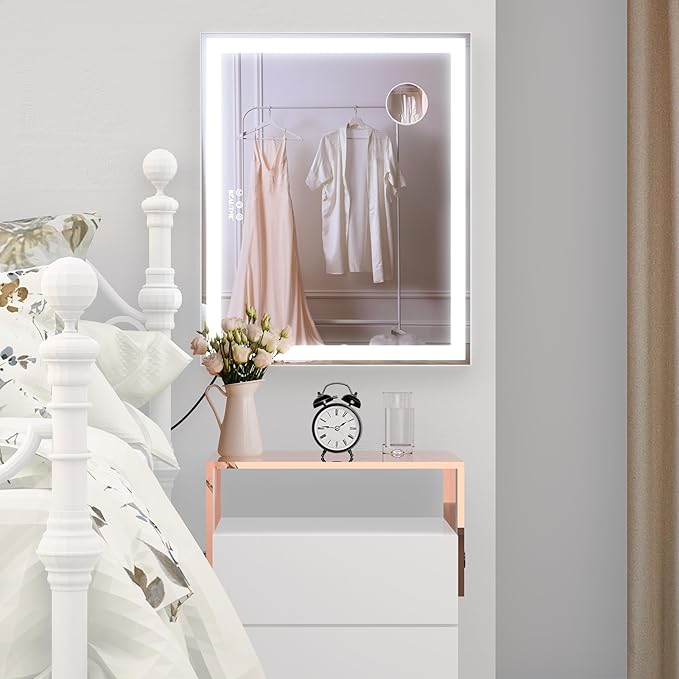ANYHI Vanity Mirror with Lights, 23.6''x20'' Lighted Vanity Mirror with 10X Magnification, 3 Color Modes, Smart Touch Control, Aluminum Frame, Desktop or Wall Mounted Mirror for Bedroom, White