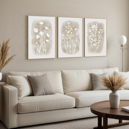 Neutral Wildflower Framed Wall Art Boho Botanical Vintage Minimalist Floral Canvas Farmhouse Wall Decor Beige Prints for Living Room Bedroom Office, 3 Panels, 16x24 Inch