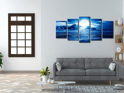 Pyradecor Blue Clouds Canvas Prints Wall Art Moon Sea Beach Pictures Paintings Ready to Hang for Living Room Bedroom Home Decor Modern 5 Piece Stretched Landscape Artwork