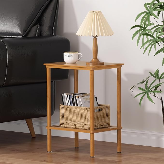 2-Tier Small Side Table, Narrow Entryway Table, Bedside End Table, Bamboo Night Stand with Storage Shelf, Sofa Side Table, Boho Accent Table for Small Space, Living Room, Bedroom, Walnut