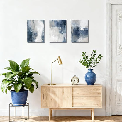 WENGTIAO 3 Pcs Navy Blue Abstract Canvas Wall Art Prints Modern Minimalist Blue Gray Artwork for Walls Framed White Neutral Poster Paintings Decor for Living Room Bedroom Bathroom Office 12x16x3Pcs