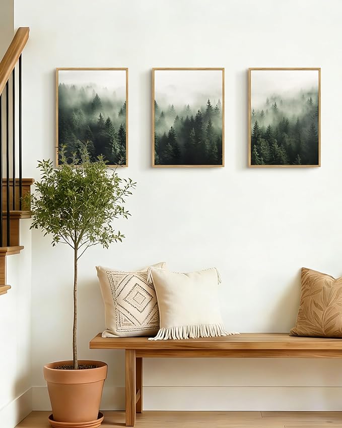 PHOPAGO Green Fog Pine Tree Framed Wall Art Nature Misty Nordic Forests Artwork Morden Paints for Kitchen Hallway Decor - 11x14in Natural Framed