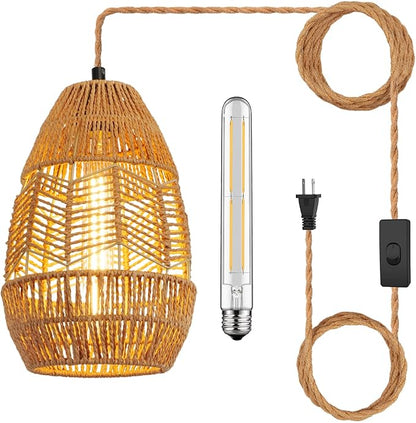 Plug in Pendant Light Rattan Hanging Lights with Plug in Cord 15FT Hemp Rope Cord, On/Off Switch Chandelier for Boho Living Room Bedroom Kitchen（Bulb Included） 11 x 7 inch