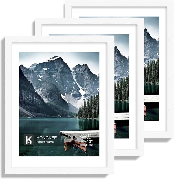 Hongkee 10x13 Picture Frames with Real Glass - Display 8.5x11 Diploma with Mat or 10 x 13 Photo without Mat, Wall or Table Top Display(White, 3 Pack)