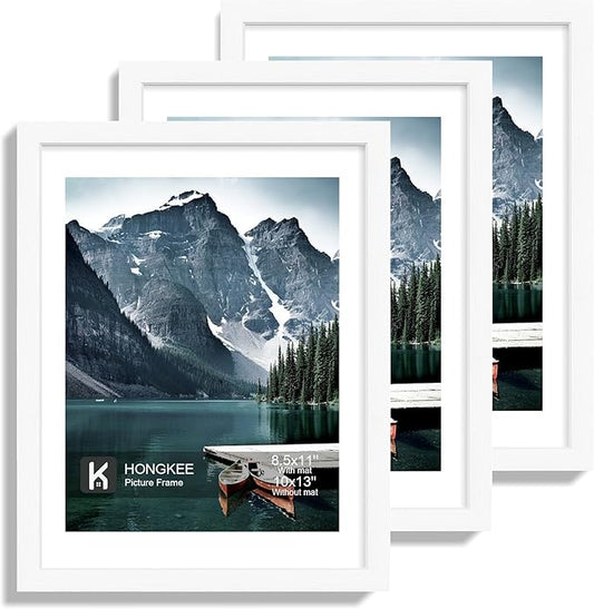 Hongkee 10x13 Picture Frames with Real Glass - Display 8.5x11 Diploma with Mat or 10 x 13 Photo without Mat, Wall or Table Top Display(White, 3 Pack)