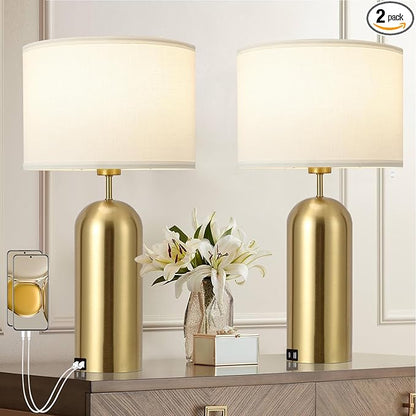 MoMyofdy Gold Lamps Set of 2 Touch Control 3-Way Dimmable Bedside Nightstand Lamps Bedroom Lamps Modern White& Gold Table Lamp with USB Type C Ports Tall Lamps for Living Room End Table Home Office