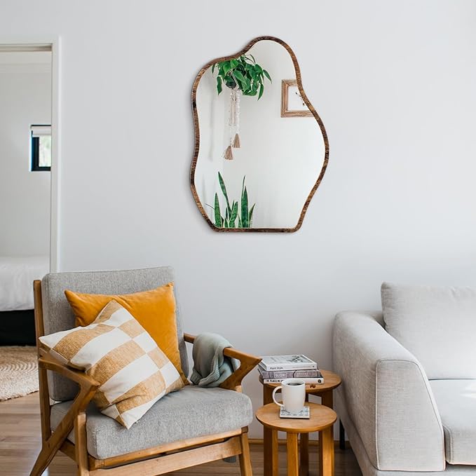Irregular Mirror Wood Frame Modern Cloud Mirror Wall Unique Shape Asymmetrical Wall Vanity Artistic Mirrors Decor for Bedroom Living Room Bathroom Entryway Hallway Brown Large