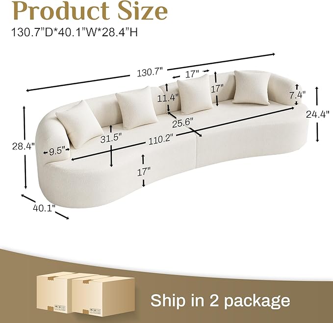 131" Oversized Sectional Sofa for Living Room, Modern Luxury Plush Chenille 4-Seater Extra Deep & Wide Seat Curved Cloud Couch with 4 Throw Pillows, No Assembly Needed, Cream White