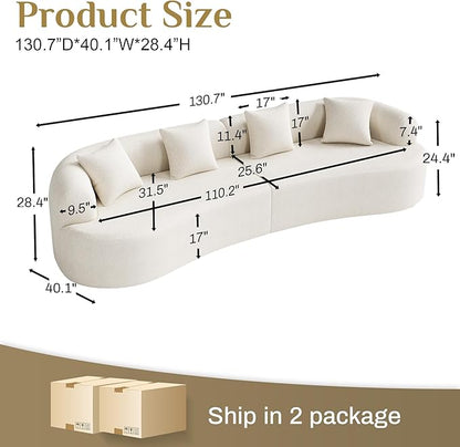 131" Oversized Sectional Sofa for Living Room, Modern Luxury Plush Chenille 4-Seater Extra Deep & Wide Seat Curved Cloud Couch with 4 Throw Pillows, No Assembly Needed, Cream White