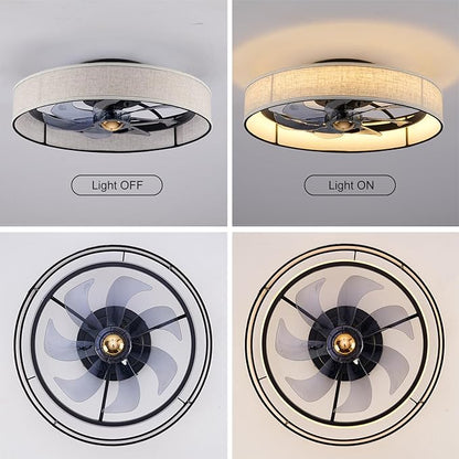 19.6" Low Profile Caged Ceiling Fan with Light and Remote,Flush Mount Smart Fandelier, 6 Speed Settings, Adjustable 3000K-6500K LED, Bladeless Fabric Design, Modern Farmhouse Ceiling Fans for Bedroom