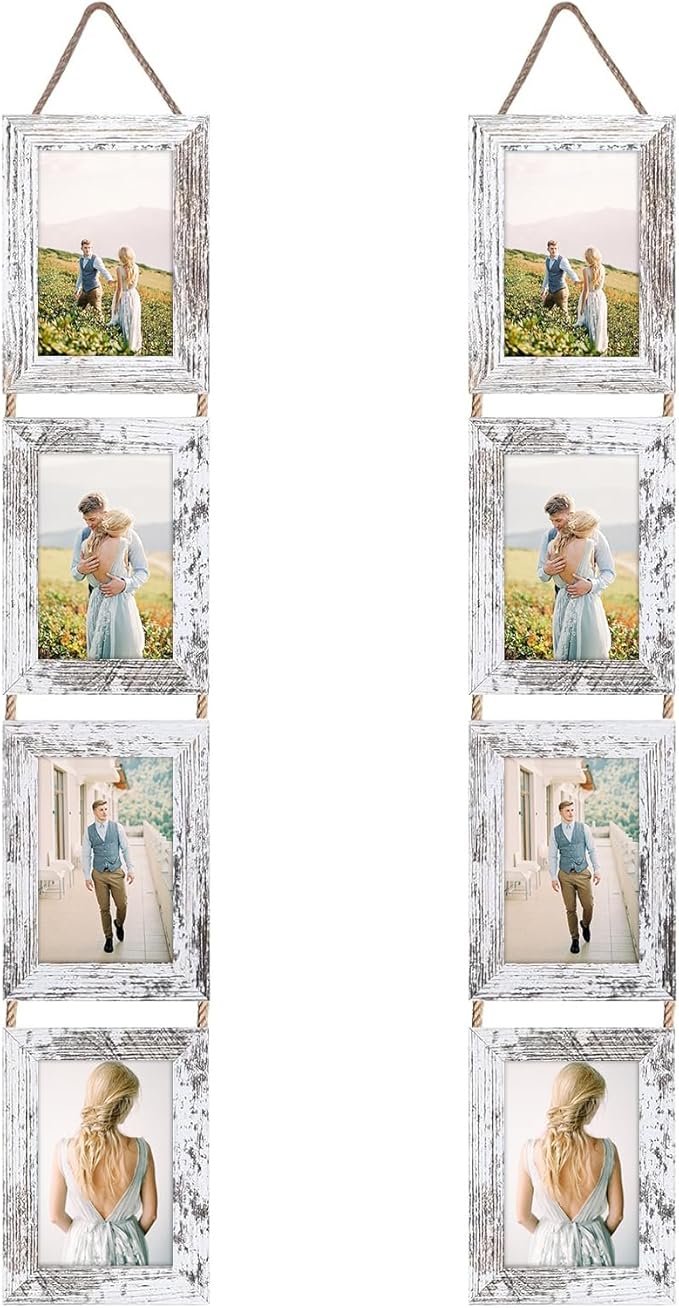 Lavezee 4x6 Hanging Collage Picture Frames Set of 2, 8 Opening Vertical Frame Made to Display 4 by 6 Inch Photo for Wall Decor, Distressed White