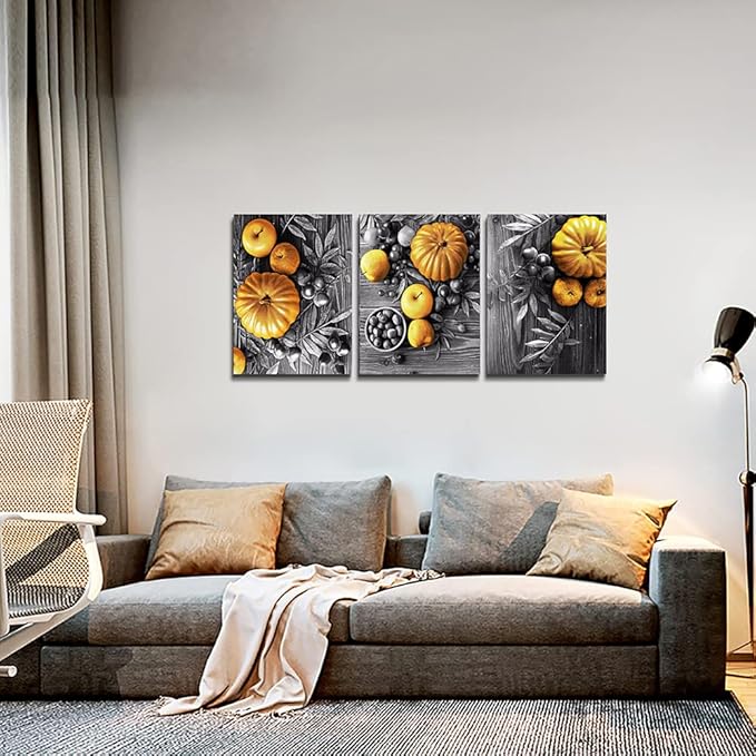 DZRWUBHS Black And White Pumpkin Wall Paintings Canvas Wall Art For Kitchen Wall Decor For Dining Room Living Room Wall Decorations For Restaurant Prints Pictures Artwork Home Decor 3 Piece Set
