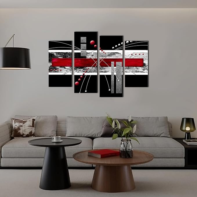 YPY Large Black Red Canvas Wall Art - 4 Panels Modern Abstract Picutre Set for Home Decoration - Contemporary Painting Artwork Ready to Hang Living Room Bedroom W48 x H36