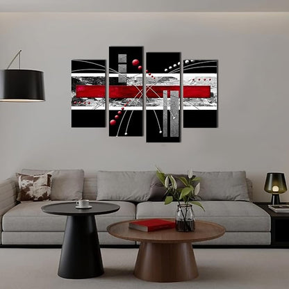 YPY Large Black Red Canvas Wall Art - 4 Panels Modern Abstract Picutre Set for Home Decoration - Contemporary Painting Artwork Ready to Hang Living Room Bedroom W48 x H36