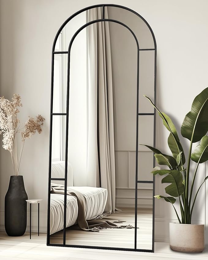 Antok 76" x 34" Full Length Mirror, Floor Mirror Arched Window Decorative Mirror, Metal Framed Decor Farmhouse Floor Mirrors Art Pane Mirrors Wall Decor for Bedroom, Living Room, Entryway Black