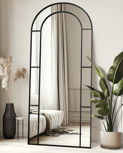 Antok 76" x 34" Full Length Mirror, Floor Mirror Arched Window Decorative Mirror, Metal Framed Decor Farmhouse Floor Mirrors Art Pane Mirrors Wall Decor for Bedroom, Living Room, Entryway Black