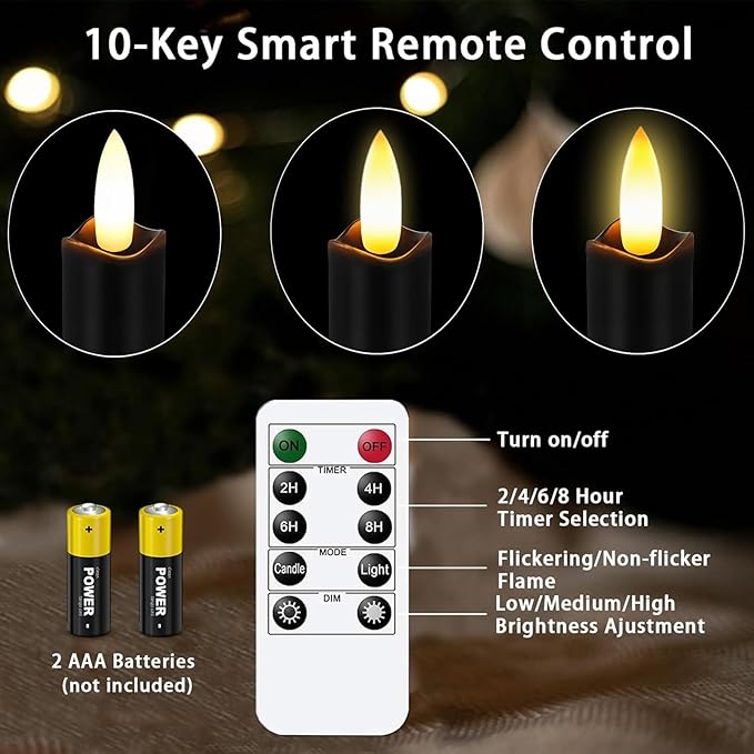 Upgraded Real Wax LED Flameless Black Taper Candles with Remote, KSWING 6 PCS Candlesticks Battery Operated 3D Flickering - 9.6" Long Realistic Fake Candle Sticks for Home/Wedding/Fireplace Xmas Decor