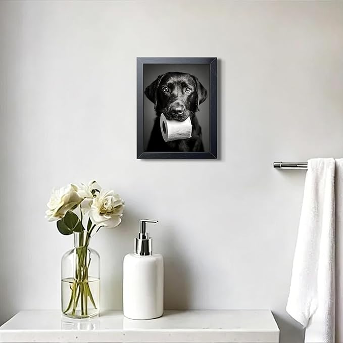 Black and White Bathroom Wall Art, Funny Labrador Dog Canvas Prints Poster, Cute Dog Chewing Toilet Paper Wall Decor, Modern Farmhouse Restroom Bathroom Home 8x10 Inch Framed