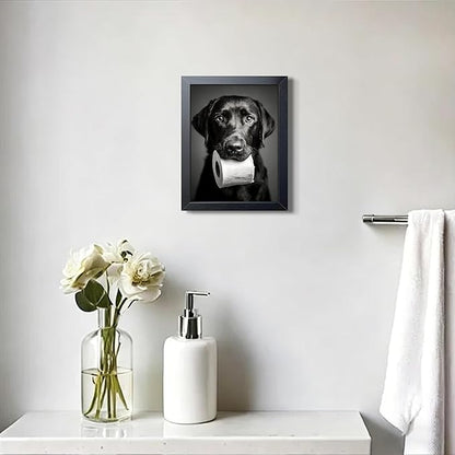 Black and White Bathroom Wall Art, Funny Labrador Dog Canvas Prints Poster, Cute Dog Chewing Toilet Paper Wall Decor, Modern Farmhouse Restroom Bathroom Home 8x10 Inch Framed