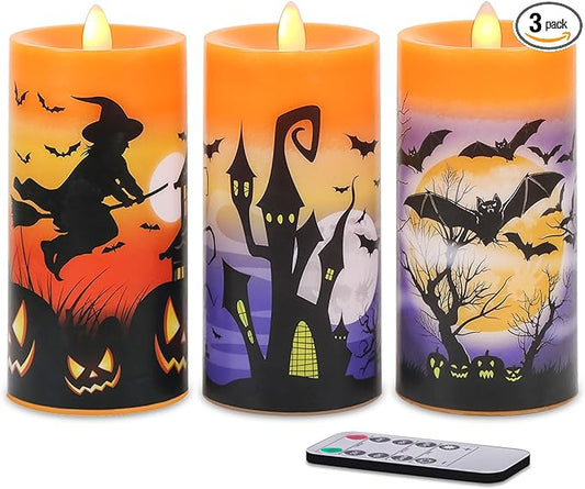 Halloween Flameless LED Candles Battery Operated with Remote and Timer, Real Wax Flickering Pillar Candles Flat Wick Dimmable Light Castle Witch Bats Holiday Decor(3 Pack, 3 x 6 Inches)