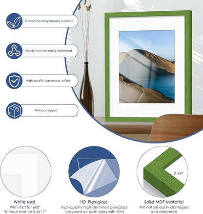 PEALSN 11x14 Picture Frame Set of 6, Display Pictures 8x10 with Mat or 11x14 without Mat for Wall Mounting or Table Top Display, Photo Frames Collage for Wall Decor, Green
