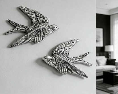 AMOIENSIS Bird Wall Sculpture Art, (Set of 2) 4¾ inch Resin Metallic Silver Bird 3D Sculpted Floating Hanging Wall Sculpture Decoration