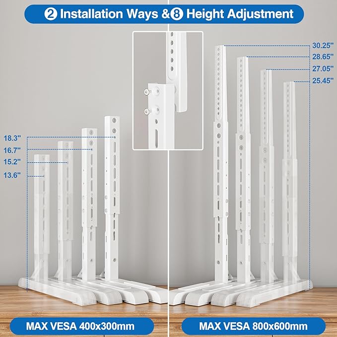 Universal TV Stand for 19-75 Inch LCD LED TVs, Height Adjustable TV Legs Replacement Hold up to 110 lbs, Table Top TV Stand Base, Max VESA 800X600mm, White