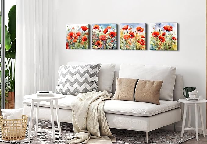 Red Poppy Floral Canvas Wall Art Bedroom Wall Decor Abstract Watercolor Poppies Picture for Living Room Bathroom Nature Botanical Paintings Prints Poster Wildflower Artwork Home Decoration 12x12” 4Pcs