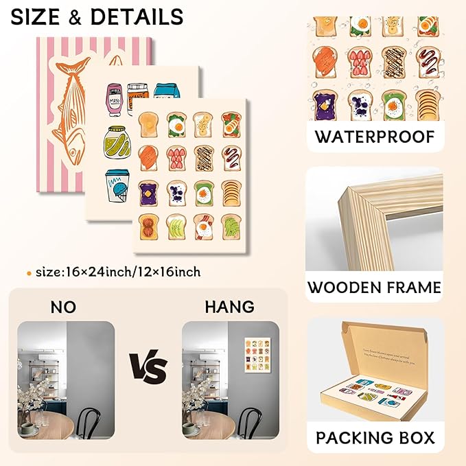 Cute Funny Kitchen Wall Art Set of 3, Fashion Breakfast Food Avocado Toast Canvas Prints Poster, Vintage Simple Sardines Watercolor Picture for Dining Room Kids Room Wall Decor 12x16 Inch Framed