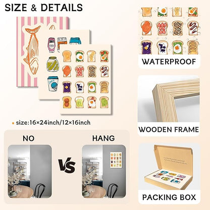Cute Funny Kitchen Wall Art Set of 3, Fashion Breakfast Food Avocado Toast Canvas Prints Poster, Vintage Simple Sardines Watercolor Picture for Dining Room Kids Room Wall Decor 16x24 Inch Framed