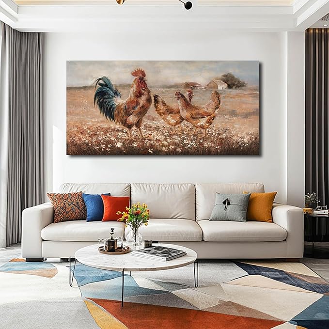 Chicken Pictures Wall Art Flower Pictures Wall Artwork Brown Wall Decorations for Living Room Dining Room Office 29×58 Inches Ready To Hang