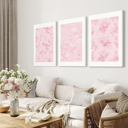 Pink Floral Wall Art Chinoiserie Flower Wall Decor Pictures Aesthetic Canvas Wall Art Love Shack Fancy Poster Vintage Floral Prints for Living Room Bedroom 16x24 Inch Framed Set of 3