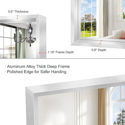 60x36 Inch Brushed Silver Bathroom Mirror, Large Rectangular Mirror for Wall, 0.6" Thickened Deep Frame Mirrors for Bathroom Sink, Shatterproof Tempered Glass, Antirust, Horizontally/Vertically