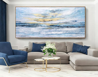 Nicetop 86x39 Extra Large Abstract Ocean Sunset Wall Art, Hand-Applied Gold Foil & Hand-Painted Texture, Serene Coastal Oil Painting, Natural Wood Frame, Modern Decor for Living Room Bedroom Office