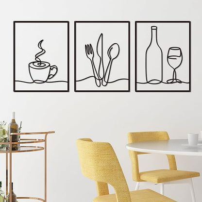 3 Pieces Metal Minimalist Line Kitchen Signs Wall Decor Drawing, Rustic Kitchen Art Wall Decor for Kitchen Dining Living Room Home, 14.2 x 11 Inches (Elegant)
