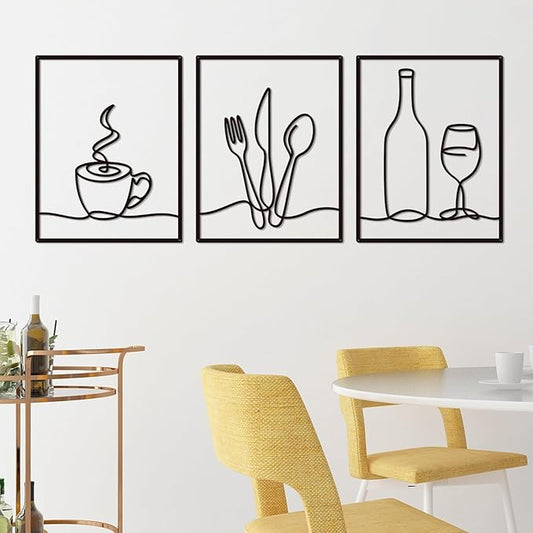 3 Pieces Metal Minimalist Line Kitchen Signs Wall Decor Drawing, Rustic Kitchen Art Wall Decor for Kitchen Dining Living Room Home, 14.2 x 11 Inches (Elegant)